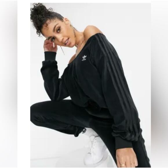 Adidas Originals Small Black Velour Relaxed Risque Off the Shoulder Sweatshirt - Picture 1 of 9